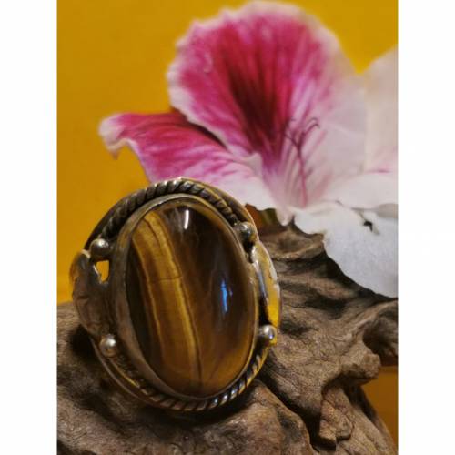 RING  Tigerauge mit breiter Ringschiene, Vintage