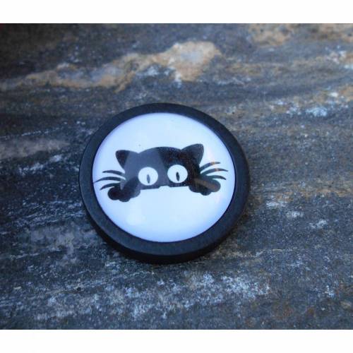 Katze Holzbrosche rund mit Glascabochon