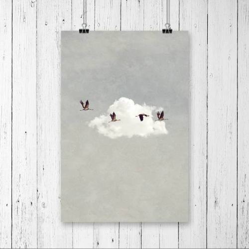 Kunstdruck Druck Print "Glücksvögel", Kraniche vor weißer Wolke, blau grau weiß, Glücksgeschenk