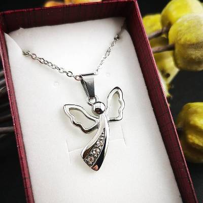 Kette Engel Schutzengel Collier aus Edelstahl mit Strass , 45-50 cm , Engelanhänger