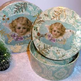 Geschenkeboxen-SET * 2 x runde Schachteln * Geschenkeschachtel * Weihnachten * Nostalgie *  Engelmotiv