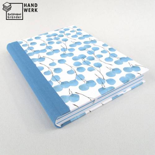 Notizbuch, grau-blau, Blätter, DIN A5, 150 Blatt, handgefertigt Hardcover