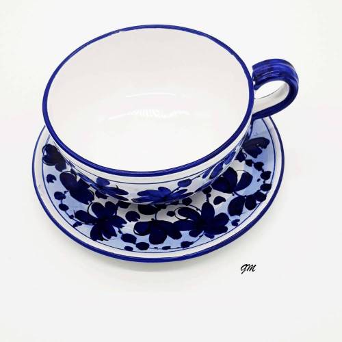 Vintage, blaue handgefertigte Müslischale aus Porzellan mit blauem Blumendekor, Einzelstück aus den 1980 Jahren