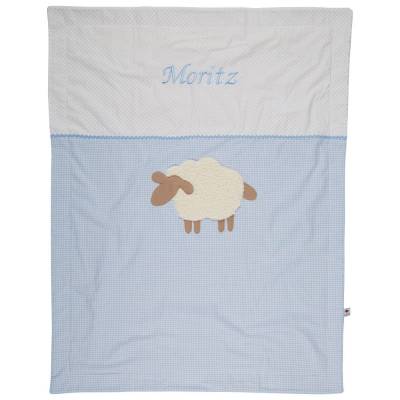 Glückspilz Babydecke mit Namen und Schaf, gefüttert mit Ökoteddy, viele Farben