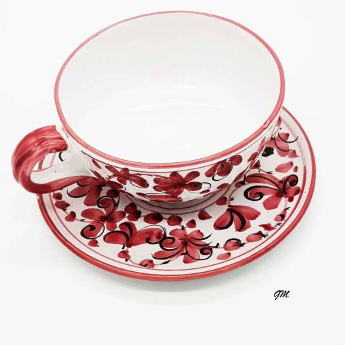 Vintage, rote handgefertigte Müslischale aus Porzellan mit rotem Blumendekor, Einzelstück aus den 1980 Jahren