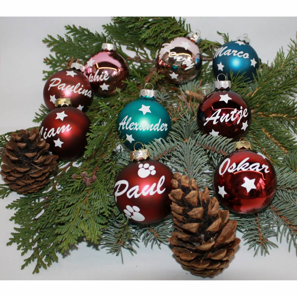 Weihnachtskugeln personalisiert mit Namen, Weihnachtsbaumkugeln aus Glas (Durchmesser 6cm) in 24 verschiedenen Farben