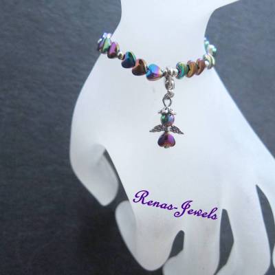 Kinder Schutzengel Armband Edelstein Hämatit Herzen bunt Regenbogenfarben