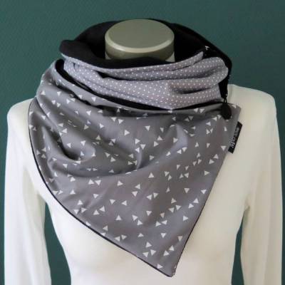 Wickelschal mit Knopf Damen Dreiecke grau weiß triangle Fleece warmer Schal 