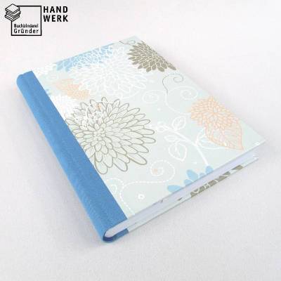 Notizbuch, grau-blau, Blumen Chrysanthemen, DIN A5, 150 Blatt, handgefertigt