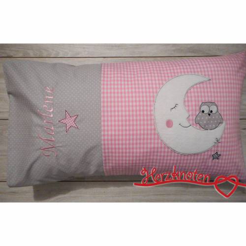 Süß,  Kissen mit Namen, in rosa-grau, Eule mit Mond,