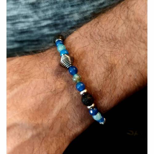 Armband ,elastisch,  Achat, Lava und Edelstahl, unisex