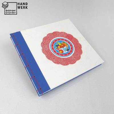 Japanbindung, Orangenpapier, rot blau weiß, 100 g/m² Recycling-Papier, 21 x 22,5 cm, handgefertigt