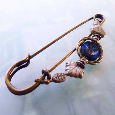 Tuchnadel blaue Blume Art Déco  10cm Schalnadel böhmische Glasperlen N10-AB-26