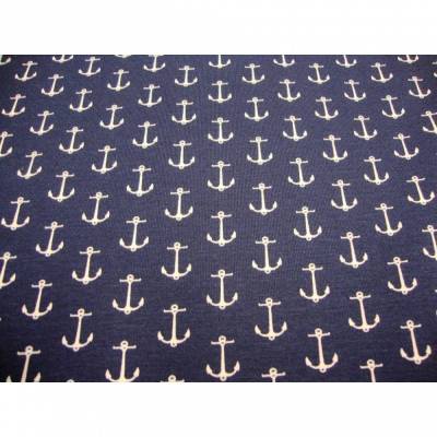 Baumwolljersey maritim – Große weiße Anker auf marine, 160cm breit, Meterware Jersey zum Nähen