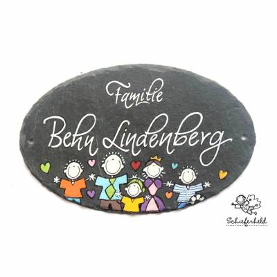 Personalisiertes Schiefer Türschild Familie – Oval, Name & Wunschfiguren – Geschenk zum Valentinstag