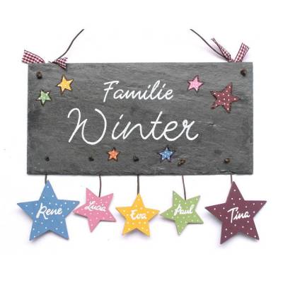 Buntes Familienschild aus Schiefer mit Sternanhänger – Personalisiertes Schiefertürschild mit Namen, handgefertigt & wetterfest, tolles Familiengeschenk