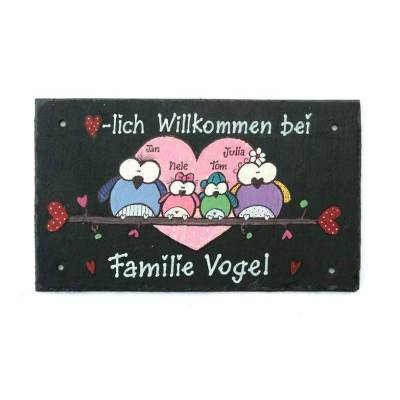 Willkommensschild Schiefer personalisiert mit Eulen – Familien Türschild wetterfest & handgemalt, exklusives Familiengeschenk