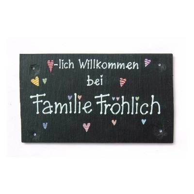 Personalisiertes Schiefer Willkommensschild – dekoratives Haustürschild mit Herzen & Name, handgemacht, wetterfest, für Familien und Freunde