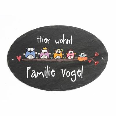Ovales Türschild aus Schiefer mit Eulen handgemalt, Haustürschild mit Name personalisiert, Schieferschild für die Haustür, Namensschild für den Hauseingang, individuelles Familiengeschenk