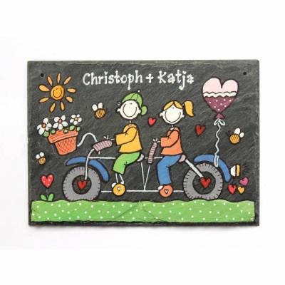 Türschild für Paare – Personalisiertes Schiefertürschild mit Fahrrad-Motiv, handbemalt & wetterfest
