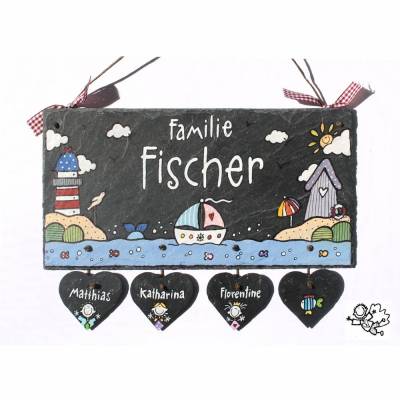 Maritimes Haustürschild Familie personalisiert – Handgemachtes Schieferschild mit Name & Herzanhänger, exklusives Familiengeschenk