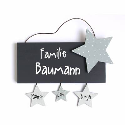Haustürschild für Familien mit Name, Türschild aus Holz mit Sternanhänger, edles Holztürschild handgemacht - einzigartiges Familiengeschenk für das Zuhause