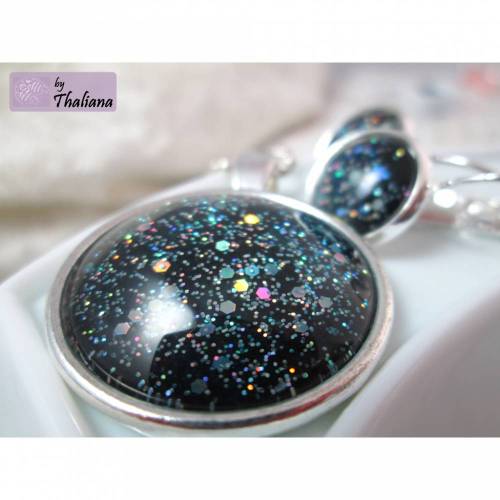 GLITZERSET Galaxy Schwarz Petrol Schmuckset aus Ohrringen und Halskette