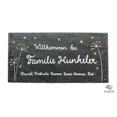 Handgemachtes Schiefer Türschild Familie personalisiert – Haustürschild mit Pusteblumen & Namen, außergewöhnliches Familiengeschenk