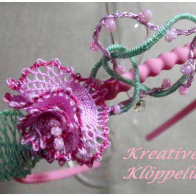 Haarschmuck fürs Blumenkind rosa Haarreif Hochzeit geklöppelt Handarbeit 