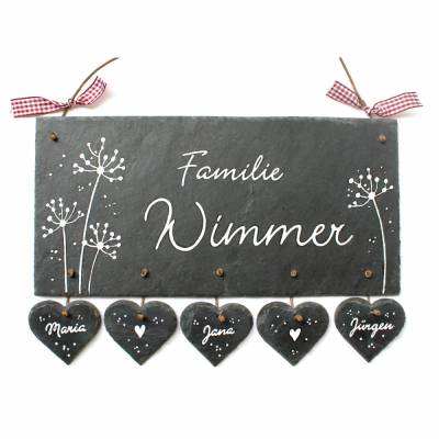 exklusives Geburtstagsgeschenk: Türschild aus Schiefer, für Familien, personalisiert mit Namen, Wetterfestes Schieferschild Pusteblumen für die Haustür der Wohnung und den Eingang am Haus