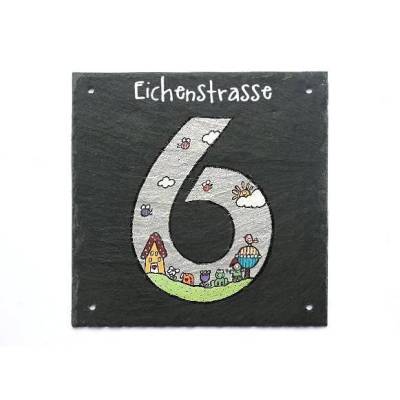 Handgemachte Schiefer Hausnummer - Personalisiertes, wetterfestes Hausnummernschild - Schiefertafel handbemalt im Edelstahllook, einzigartiges Einzugsgeschenk