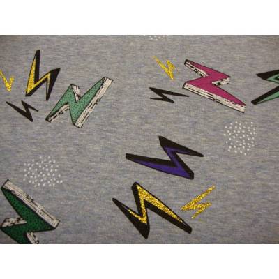 Alpenfleece bunte Blitze Glitzer jeansblaumelange – Kuscheliger Sweatstoff Meterware