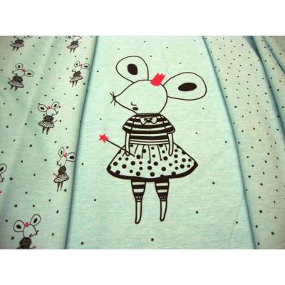 Sommersweat French Terry Panel mint – Maus mit Krone & Zauberstab 60x155cm