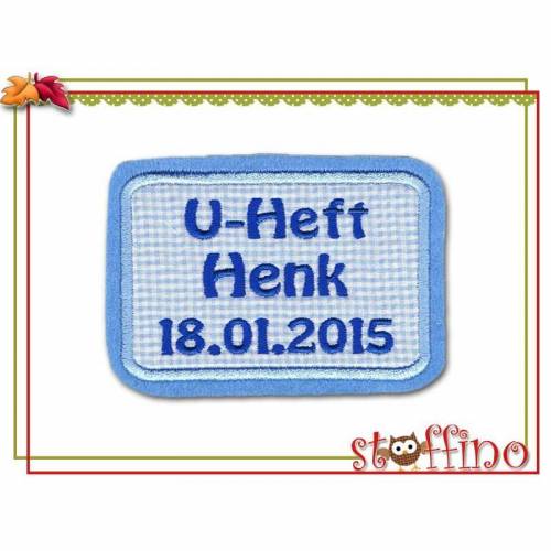 Applikation Button U-Heft blau karo