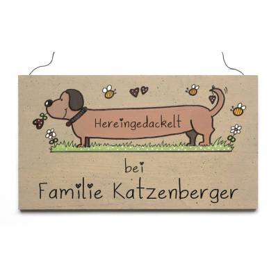 Türschild aus Holz mit Hund handgemalt und Name personalisiert, exklusives Haustürschild für Hundebesitzer, einmaliges Familiengeschenk für das Zuhause