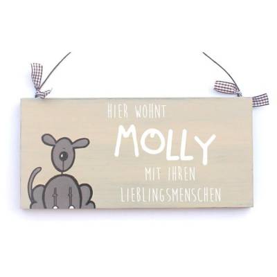 personalisiertes Geschenk zum Einzug, Türschild aus Holz für Familien mit Hund, Holzschild mit Name