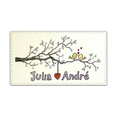 Türschild für Paare, Holzschild verliebte Vögel auf Ast, Haustürschild handgemalt, Holzschild mit Vornamen personalisiert - exklusives Design, hochwertig in Ausführung, wetterfeste Bemalung
