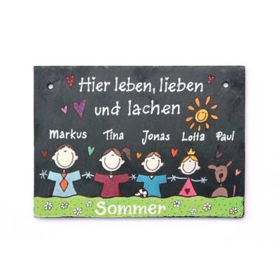 Türschild Familie aus Schiefer mit Name und Figuren personalisiert - wetterfestes Schieferschild handgemalt - handgemachtes Familienschild für Haus und Wohnung - exklusives Geschenk