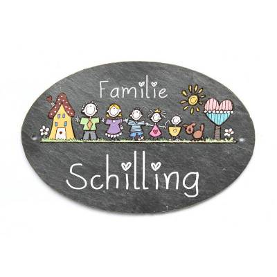 Ovales Schiefertürschild Familie personalisiert – Handgemachtes Haustürschild mit Figuren & Namen