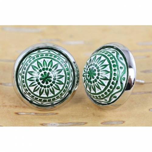 Mosaik Cabochon Ohrstecker, grün/weiß, silberfarben, 12mm