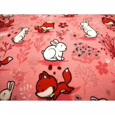 Baumwolljersey Hase und Fuchs rosa – Kinderstoff Meterware | Öko-Tex, elastisch, 150 cm breit