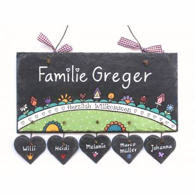 personalisiertes Hochzeitsgeschenk: Türschild aus Schiefer mit Name personalisiert, wetterfestes Schieferschild für die Haustür, bunt & handgemalt