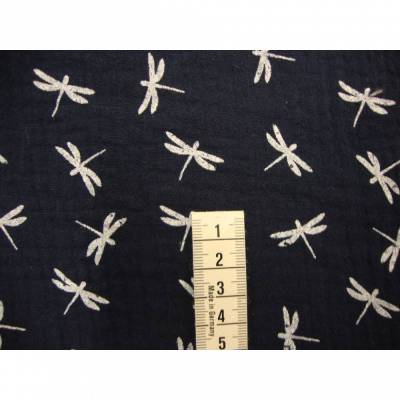 Musselin dunkelblau mit weißen Libellen – Baumwollstoff Meterware für Kinderkleidung & Deko