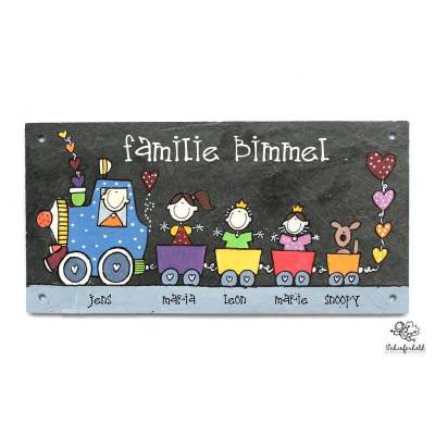 Türschild Familie aus Schiefer – Personalisiertes Familienschild Lokomotive mit Namen, wetterfest & handgemacht, individuelles Haustürschild