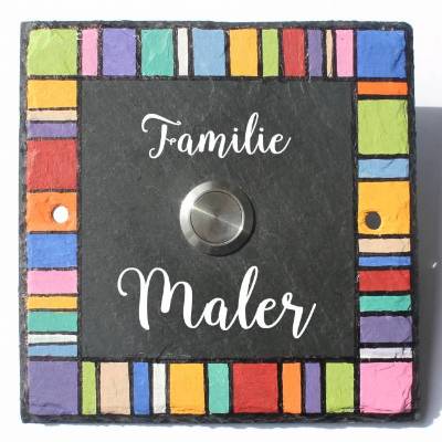 Klingelschild aus Schiefer personalisiert mit Name – wetterfeste Klingelplatte handbemalt - Schieferschild mit Klingelknopf / Klingeltaster - individuelle Türklingel - bunte Haustürklingel