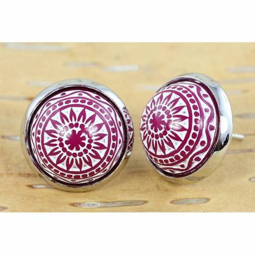 Mosaik Cabochon Ohrstecker, 12mm, himbeer, silberfarben