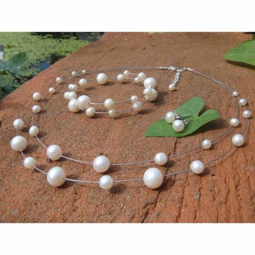 Hochzeit, Brautcollier, Perlen Collier, SWZ-Perlen, Kette mit Ohrstecker und Armband, handgefertigt,