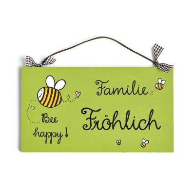 grünes Haustürschild für Familien mit Biene handgemalt und Name personalisiert, Türschild aus Holz für Wohnungstür und Hauseingang, originell & individuell