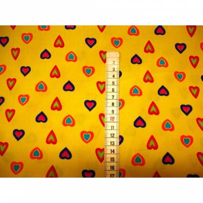 Baumwollstoff bunte Herzen gelb – 100% Baumwolle, 140cm breit, ideal für Kinderzimmer