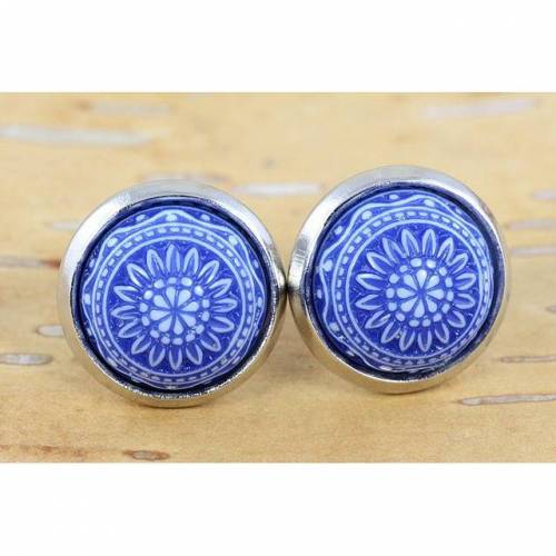 Mosaik, Ohrstecker, blau/weiß, silberfarben, 10mm